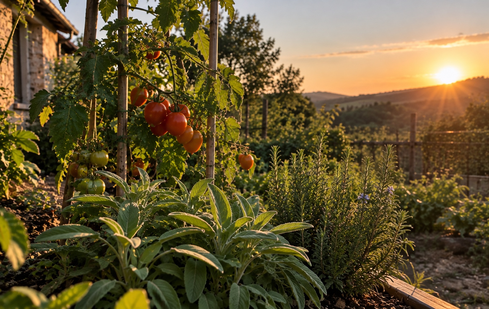 Orto con pomodori ed erbe aromatiche nella luce calda del tramonto